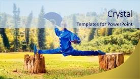  Presentation with female - Audience pleasing slide set consisting of chinese kungfu - female wushu master with fan backdrop and a  colored foreground