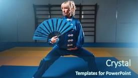  Presentation with philippine martial arts - Presentation design with chinese kungfu - female wushu master with fan background and a ocean colored foreground