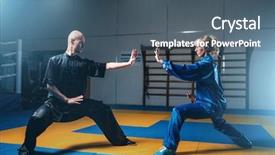  Presentation with fighters - Presentation featuring chinese kungfu - male and female wushu fighters background and a ocean colored foreground