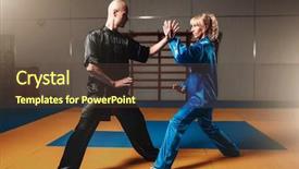  Presentation with fighters - Slides with chinese kungfu - male and female wushu fighters background and a tawny brown colored foreground