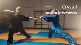  Presentation with fighters - Colorful theme enhanced with chinese kungfu - male and female wushu fighters backdrop and a tawny brown colored foreground