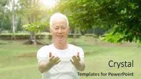  Presentation with senior asian - Slide deck enhanced with chinese kungfu - portrait of fitness white hair background and a mint green colored foreground