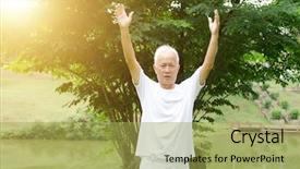  Presentation with senior asian - Amazing PPT theme having chinese kungfu - portrait of healthy fitness grey backdrop and a yellow colored foreground