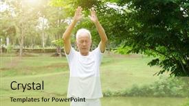  Presentation with senior asian - Beautiful presentation theme featuring chinese kungfu - portrait of healthy grey hair backdrop and a mint green colored foreground
