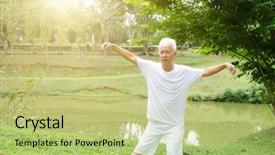  Presentation with senior asian - Slide deck consisting of chinese kungfu - portrait of healthy white hair background and a mint green colored foreground