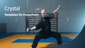  Presentation with martial arts - Cool new theme with chinese kungfu - wushu fighter with sword backdrop and a ocean colored foreground