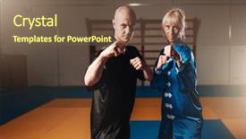 Presentation with fighters - Cool new slide set with chinese kungfu - wushu fighters male and female backdrop and a tawny brown colored foreground