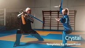  Presentation with fighters - Presentation theme with chinese kungfu - wushu fighters man and woman background and a ocean colored foreground