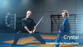  Presentation with fighters - PPT layouts featuring chinese kungfu - wushu fighters man and woman background and a ocean colored foreground