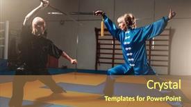  Presentation with fighters - Beautiful PPT theme featuring chinese kungfu - wushu fighters man and woman backdrop and a coral colored foreground