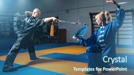 Presentation with fighters - Beautiful theme featuring chinese kungfu - wushu fighters man with sword backdrop and a ocean colored foreground