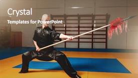  Presentation with martial arts - Colorful presentation theme enhanced with chinese kungfu - wushu master training with spear backdrop and a violet colored foreground