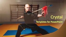  Presentation with martial arts - Cool new PPT theme with chinese kungfu - wushu master training with spear backdrop and a tawny brown colored foreground