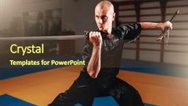  Presentation with martial arts - Presentation design featuring chinese kungfu - wushu master training with sword background and a tawny brown colored foreground