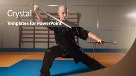  Presentation with sword - Theme featuring chinese kungfu - wushu master training with sword background and a coral colored foreground