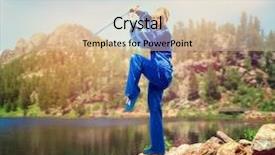  Presentation with chinese mountains - Audience pleasing presentation design consisting of chinese kungfu - wushu master with sword backdrop and a soft green colored foreground