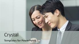  Presentation with asian nurse helps a man - Audience pleasing slide deck consisting of chinese leadership - asian business woman and man backdrop and a light gray colored foreground