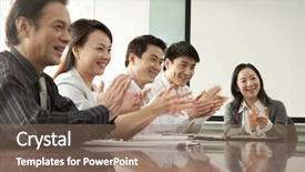  Presentation with team - Slide deck enhanced with chinese leadership - business team applauding background and a violet colored foreground