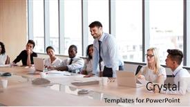  Presentation with board meeting - Presentation design consisting of chinese leadership - businessman stands to address meeting background and a coral colored foreground