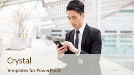  Presentation with phone - Presentation theme featuring chinese leadership - businessman using mobile phone background and a sky blue colored foreground