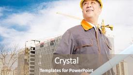  Presentation with constructions - Presentation theme featuring chinese man technician with yellow blue print standing front of constructions site background and a coral colored foreground