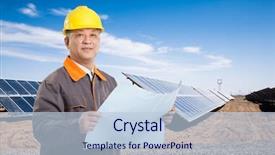  Presentation with chinese chinese - Presentation design enhanced with chinese man technician with yellow helmet standing front of solar plant in the country background and a light blue colored foreground