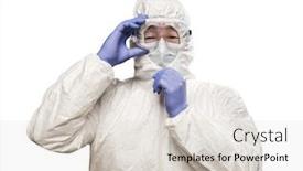  Presentation with hazmat - Amazing PPT theme having chinese-man-wearing-hazmat-suit backdrop and a light gray colored foreground