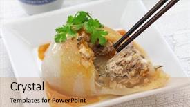  Presentation with street food - Colorful PPT layouts enhanced with chinese meatball - ba wan taiwanese mega dumpling backdrop and a yellow colored foreground