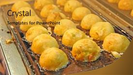  Presentation with cooking - PPT theme having chinese meatball - fish balls skewer with sauce background and a gold colored foreground