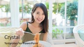  Presentation with restaurant personal appearance - PPT theme having chinese meatball - woman having spaghetti in restaurant background and a coral colored foreground