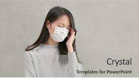  Presentation with young sing woman singing young - Colorful theme enhanced with chinese medicine - woman feeling headache and sick backdrop and a light gray colored foreground