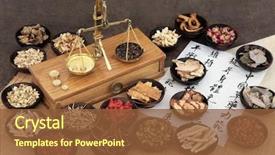  Presentation with maintain - Audience pleasing PPT theme consisting of chinese medicine ingredients with scales backdrop and a tawny brown colored foreground