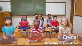  Presentation with school desk - Slides with chinese meditation - pupils meditating in lotus position background and a red colored foreground