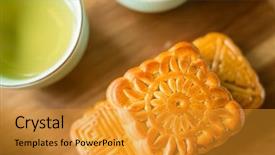  Presentation with food festival - Colorful presentation design enhanced with chinese mid autumn festival food backdrop and a gold colored foreground