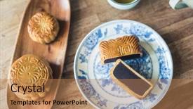  Presentation with festival food - Presentation design consisting of chinese mid autumn festival food background and a coral colored foreground