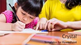  Presentation with dental mother and child - Cool new slide deck with children learning - chinese mother homeschooling her child backdrop and a coral colored foreground