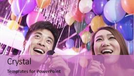  Presentation with microphones - Audience pleasing PPT theme consisting of chinese music - two friends holding microphones backdrop and a coral colored foreground