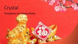  Presentation with chinese calligraphy - PPT theme with chinese new year decoration golden background and a red colored foreground