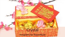  Presentation with chinese new year - PPT theme with chinese new year gift box background and a gold colored foreground