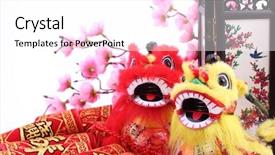  Presentation with traditional dancing - Colorful slides enhanced with ornament--traditional dancing lions firecracker backdrop and a white colored foreground