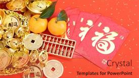  Presentation with translation - Audience pleasing slide set consisting of golden coin and golden abacus backdrop and a red colored foreground