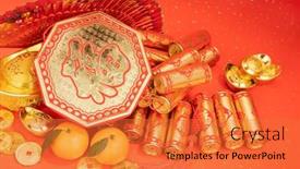  Presentation with chinese new year firecrackers - Slide deck consisting of chinese-new-year-ornament-gold background and a red colored foreground