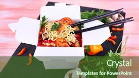  Presentation with pink black - Cool new slide set with chinese noodles and sticks in takeaway box on black mat on pink background backdrop and a tawny brown colored foreground