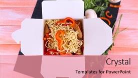  Presentation with chinese food - Beautiful slides featuring chinese noodles in takeaway box backdrop and a coral colored foreground
