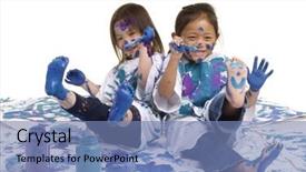  Presentation with chinese paintings - Beautiful presentation theme featuring chinese paintings - two young girls having fun backdrop and a teal colored foreground