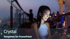  Presentation with mobile phone in woman hand - Beautiful PPT theme featuring chinese party - woman using mobile phone backdrop and a ocean colored foreground