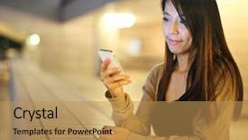  Presentation with night - PPT layouts having chinese people - asian woman using smartphone background and a yellow colored foreground
