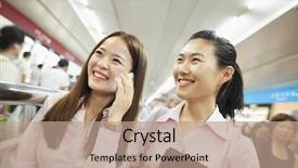  Presentation with young business woman smile show - Presentation design featuring chinese people - two young woman smiling background and a  colored foreground