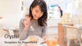  Presentation with cake - PPT theme with chinese people - woman enjoy her slice background and a lemonade colored foreground