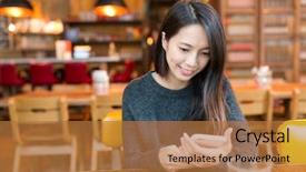  Presentation with mobile phone in woman hand - PPT layouts consisting of chinese people - woman using mobile phone background and a coral colored foreground